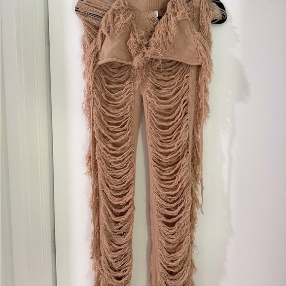 Pants - Frayed Knit Fringe Pants - Tan